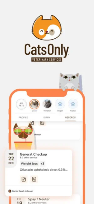 CatsOnly app showing pet profiles and medical records